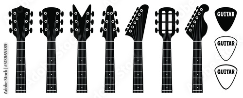 Cartoon electric, guitars headstock and guitar pick. Rock music guitar necks or head silhouette Vector icon or logo. Musical, acoustic entertainment. Guitar head symbol. Bass Guitar, Headstock  photo
