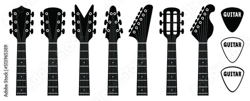 Cartoon electric, guitars headstock and guitar pick. Rock music guitar necks or head silhouette Vector icon or logo. Musical, acoustic entertainment. Guitar head symbol. Bass Guitar, Headstock 
