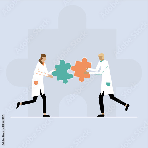 Vector of two doctors man and woman in uniform putting puzzle pieces together a symbol of team work, medical decision and collaboration. Scientists or doctors with puzzle and copy space. Flat vector s