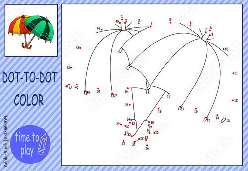 children's educational game. a game of logic. handwriting training. coloring book. connect the dots by numbers. colored umbrellas.