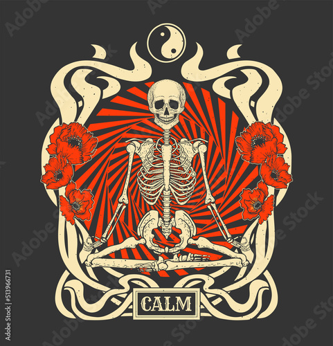 skeleton in lotus pose, stay calm print for t-shirt, vector art