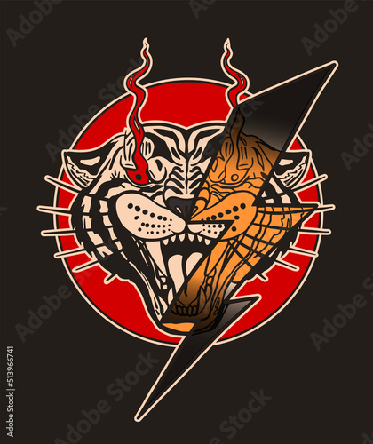 Growling tiger with lightning retro print for t-shirt, tattoo