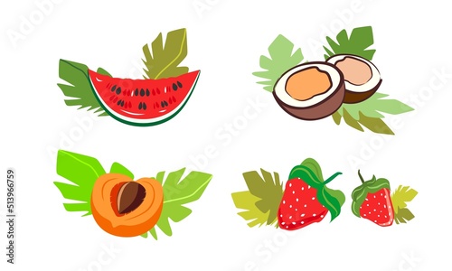 Fototapeta Naklejka Na Ścianę i Meble -  A set of ripe fruits: half an apricot, two strawberries, coconuts and a slice of watermelon on a white background.