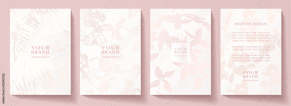 Floral cover design set with abstract pink flower on white background. Elegant vector pattern for luxury invitation, menu, botanical poster, wedding invite