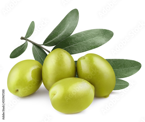 Wallpaper Mural Delicious green olives with leaves, isolated on white background Torontodigital.ca