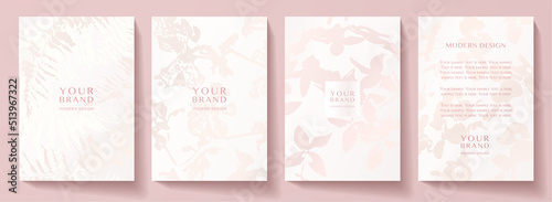 Floral cover design set with abstract pink flower on white background. Elegant vector pattern for luxury invitation, menu, botanical poster, wedding invite