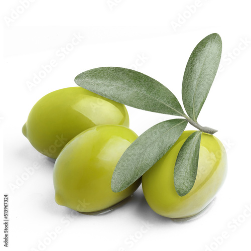 Wallpaper Mural Delicious green olives with leaves, isolated on white background Torontodigital.ca