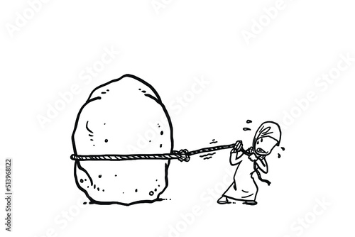 Asian muslim woman try to pull big boulder. Cartoon vector illustration design.