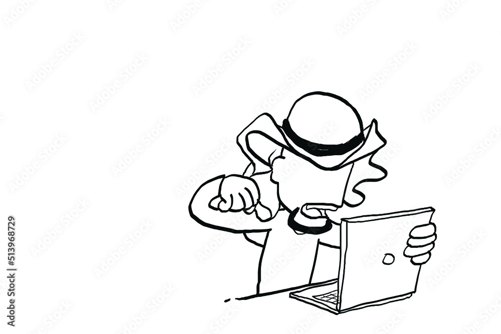 Stressed arab man try to punch his laptop. Hand drawn vector illustration design.