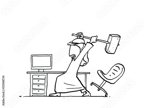 Stressed arab businessman try to destroy his computer. Hand drawn vector illustration design.