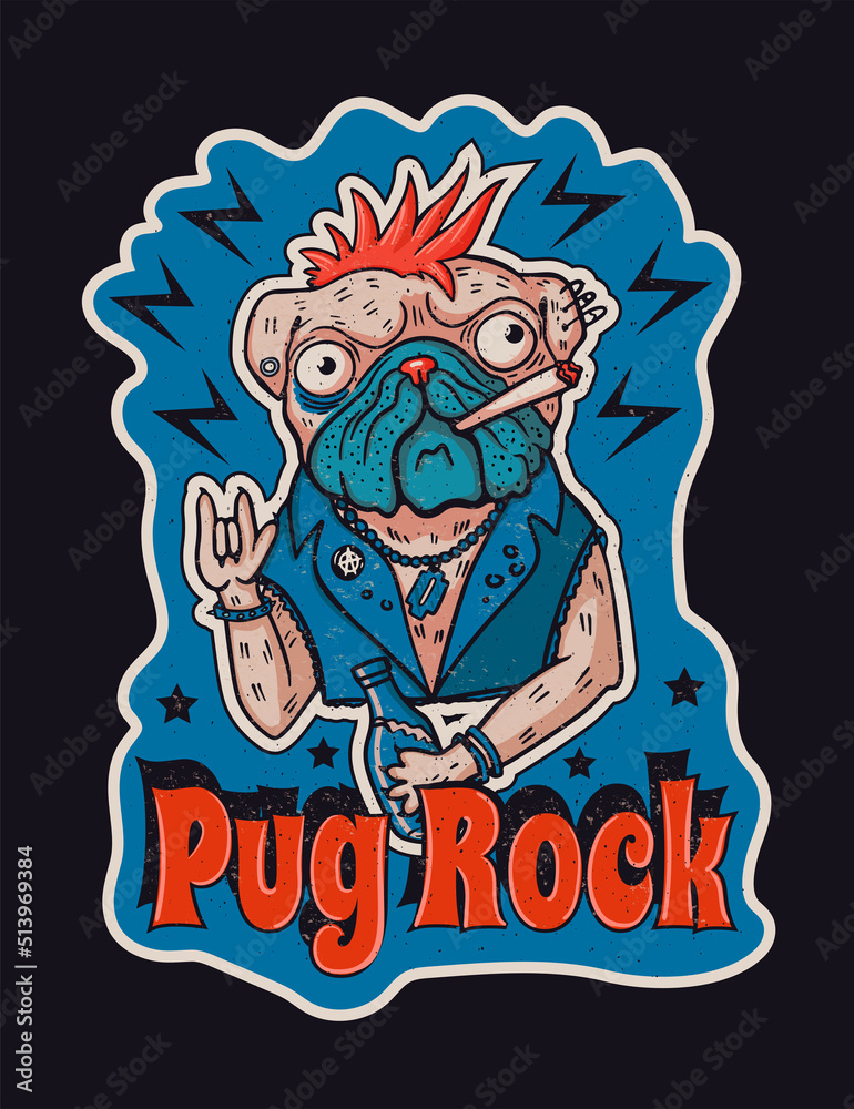 Pug rock, dog rocker t-shirt print