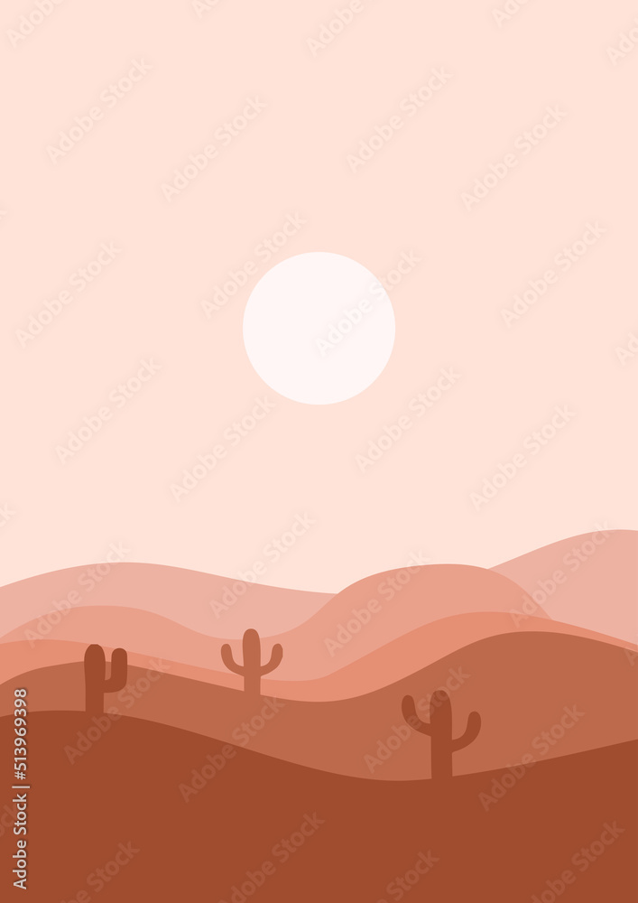 desert flat landscape vector illustration. Sunset Desert and Cactus Landscape illustration.mountains and cactus in flat cartoon style.