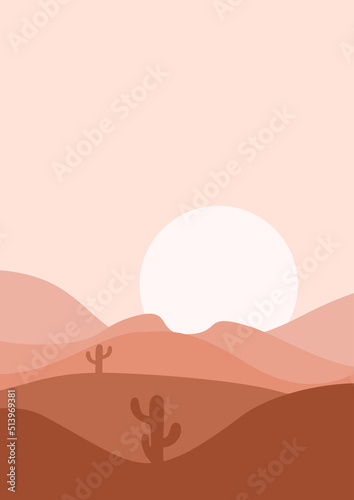 desert flat landscape vector illustration. Sunset Desert and Cactus Landscape illustration.mountains and cactus in flat cartoon style.