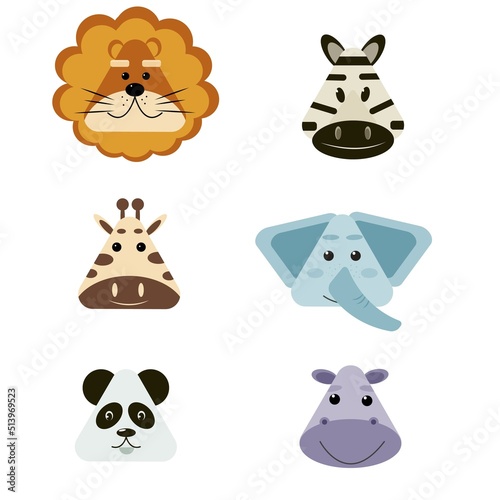Fototapeta Naklejka Na Ścianę i Meble -  set, set of animals for children, for children's books, African, exotic animals, lion, zebra, giraffe, elephant, hippopotamus, panda, animal faces in the shape of a triangle, set of animal faces, for 