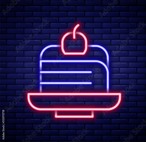 Glowing neon line Piece of cake icon isolated on brick wall background. Happy Birthday. Colorful outline concept. Vector