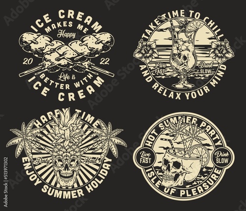 Beach party set monochrome posters