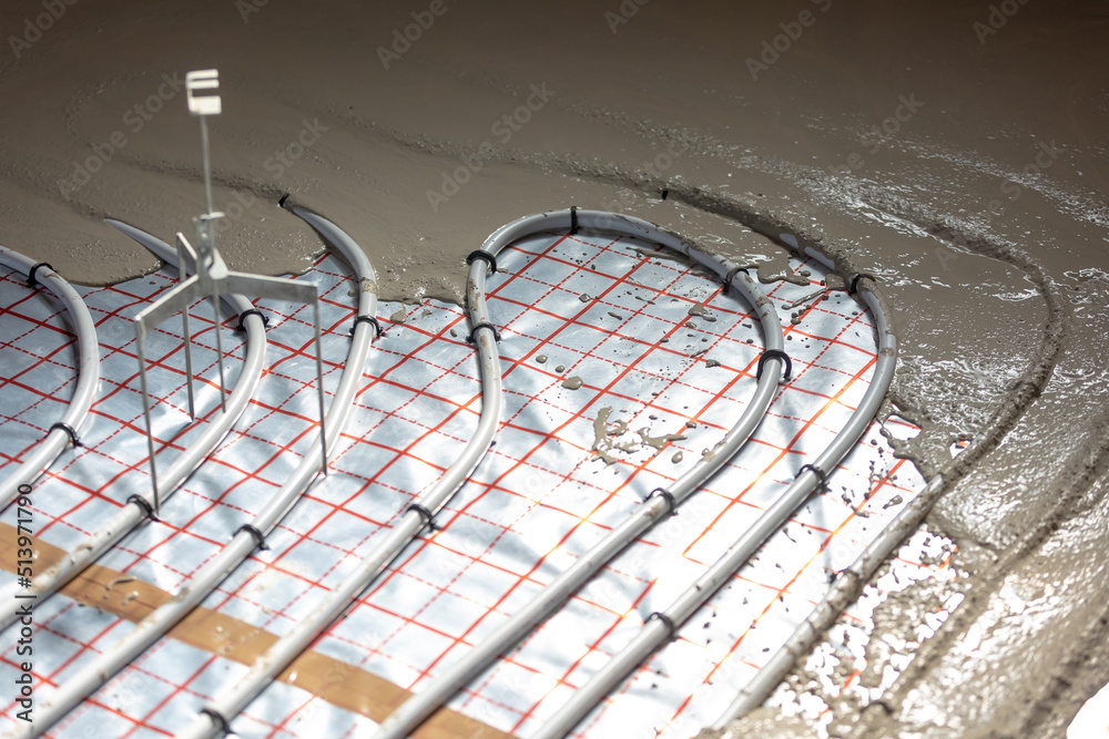 Fototapeta premium Floor plumber heating system, underfloor plumber heating concept, a building concept