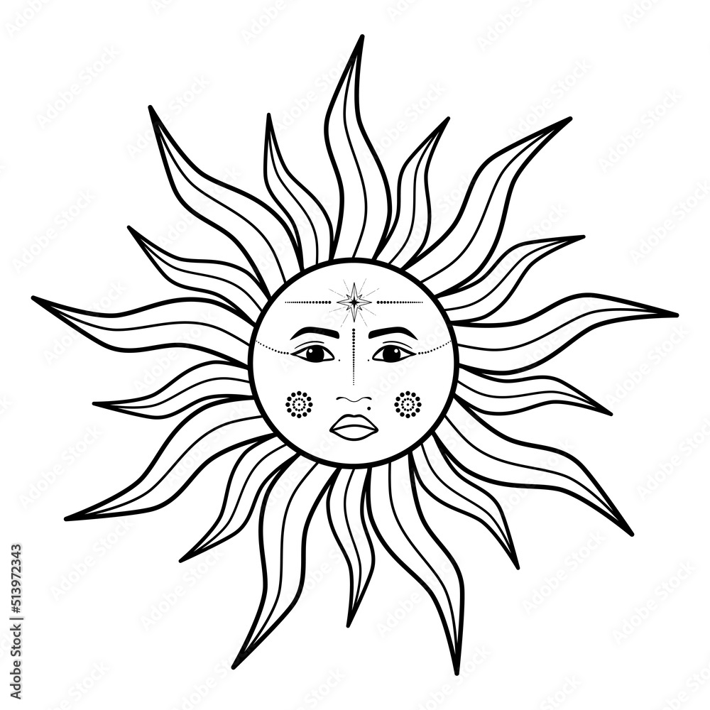 Hand drawn mystical Sun with woman face in line art. Spiritual symbol  celestial space. Magic talisman, antique style, boho, tattoo, logo. Vector  illustration isolated on white background. Stock Vector | Adobe Stock