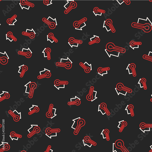 Line Meteorology thermometer measuring icon isolated seamless pattern on black background. Thermometer equipment showing hot or cold weather. Vector