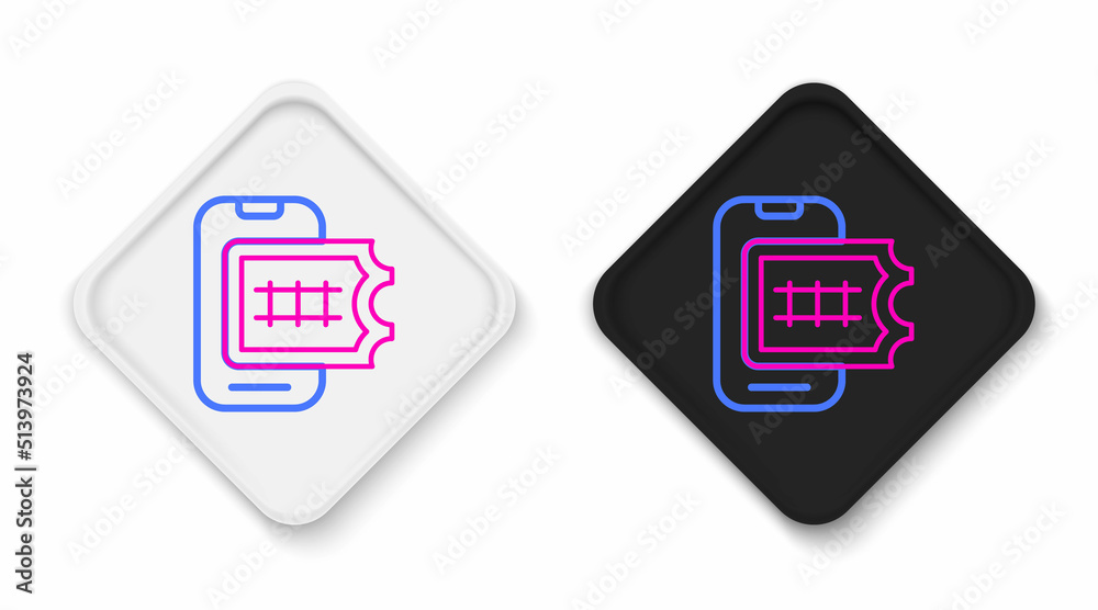 Line Online ticket booking and buying app interface icon isolated on white background. E-tickets ordering. Electronic train ticket on screen. Colorful outline concept. Vector Line Online ticket booking and buying app interface icon isolated on white background. E-tickets ordering. Electronic train ticket on screen. Colorful outline concept. Vector