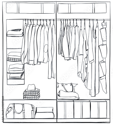 Wardrobe sketch. Clothes on the hangers. Hand drawn illustration