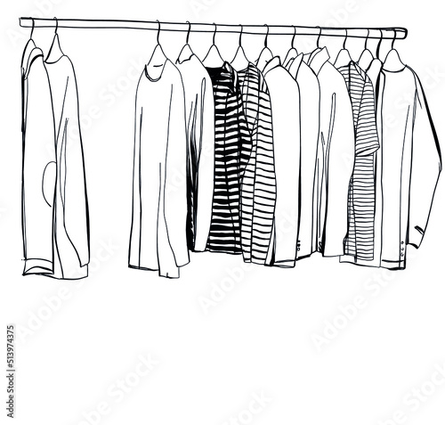 Wardrobe sketch. Clothes on the hangers. Hand drawn illustration