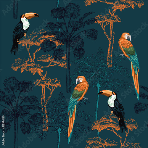 Tropical vintage macaw parrot, toucan bird, palm trees floral seamless pattern navy background. Exotic jungle wallpaper.