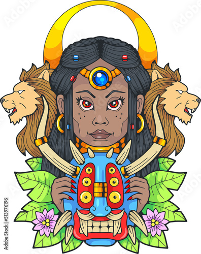 mythological african goddess with lions, design illustration
