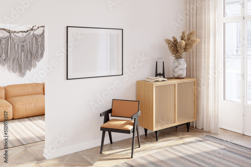 Room with a blank horizontal poster near the doorway to a room with a macrame over a modern sofa, with a chair, spikelets in a vase on a wooden chest of drawers near the door on the balcony. 3d render