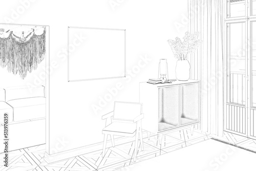 A sketch of a room with a horizontal poster near the doorway to a room with macrame over a modern sofa, with a chair, spikelets in a vase on a chest of drawers near the door on the balcony. 3d render