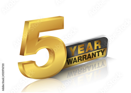 5 year warranty. Products, parts and services in 3D view on reflective white isolated background. EPS file.