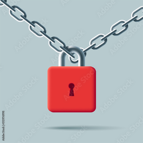 3d illustration of a red padlock hanging on steel chain