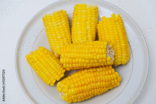 Boiled sweet corn served in a plate