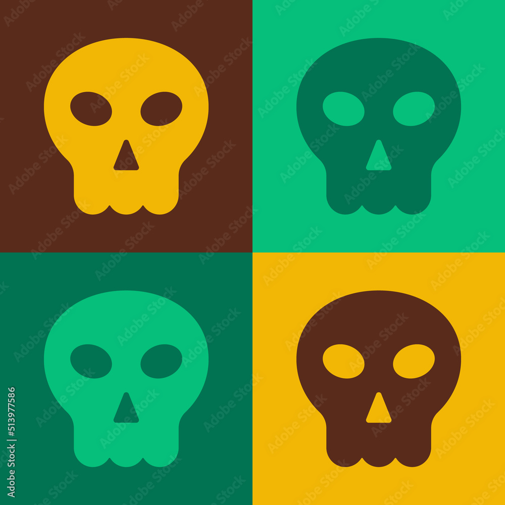 Pop art Skull icon isolated on color background. Happy Halloween party. Vector