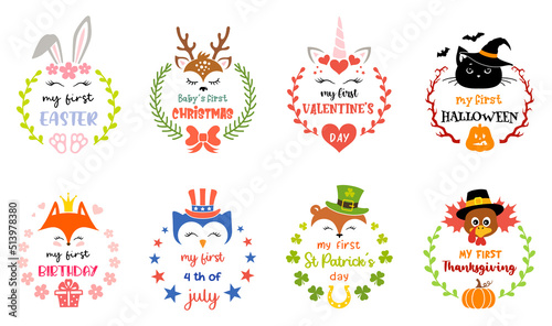 Kids illustration with cute baby animals for all the first holidays in a baby's life. Holiday symbols for children. Set of vector girly designs. Faces of unicorns with the inscription my first holiday photo