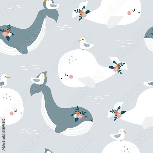 Seamless pattern with cute whales and seagulls. Childish print. Vector hand drawn illustration.