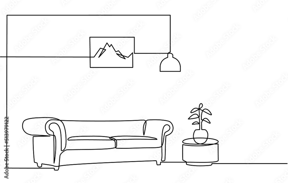 Continuous line drawing of furniture for living room interior with ...