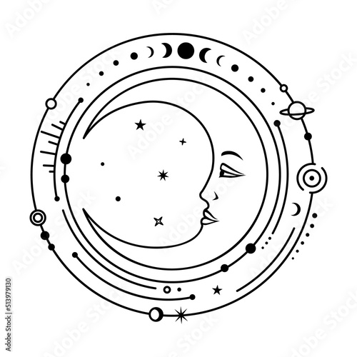 Crescent moons with face n space. Mystic celestial vector illustration Symbol of magic and alchemy. Boho witchy sign.