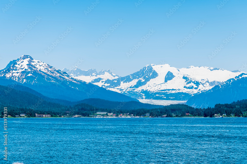 A view from Auke Bay towards the Mendenhall valley on the outskirts of Juneau, Alaska in summertime