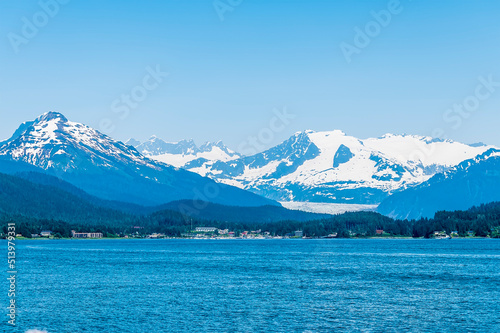 A view from Auke Bay towards the Mendenhall valley on the outskirts of Juneau, Alaska in summertime