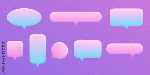 Set of 3D speak bubble text, chatting box, message box realistic vector neon holographic illustration design. Balloon 3D style of thinking sign symbol. On the purple background.