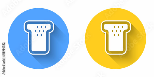 White Bread toast for sandwich piece of roasted crouton icon isolated with long shadow background. Lunch, dinner, breakfast snack. Circle button. Vector