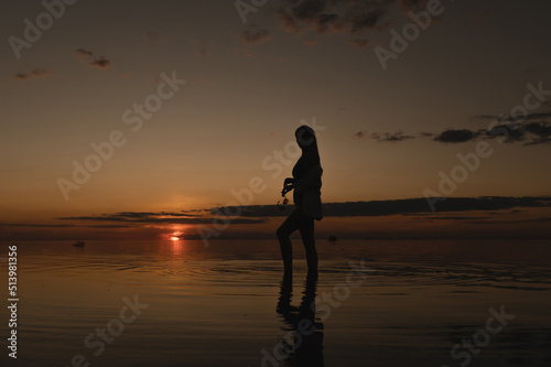 The girl is standing near the sea. The girl looks at the sunset on the sea © flywish
