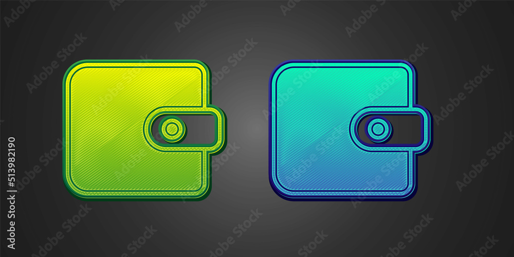 Green and blue Wallet icon isolated on black background. Purse icon. Cash savings symbol. Vector Green and blue Wallet icon isolated on black background. Purse icon. Cash savings symbol. Vector