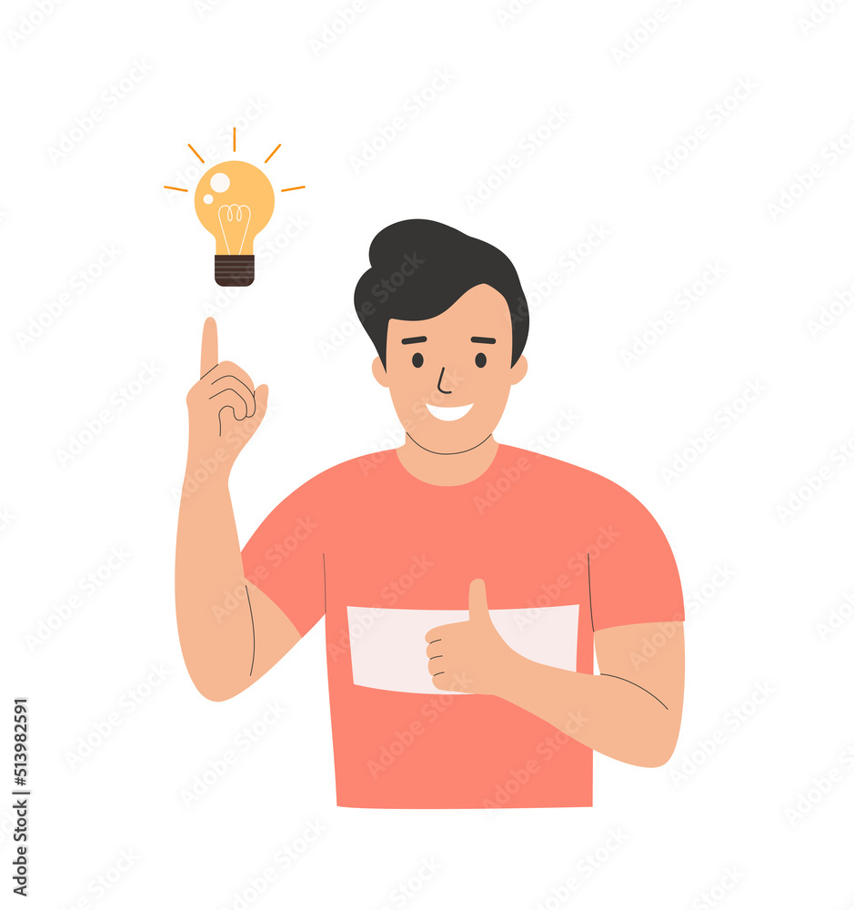 Young man finding new idea. Shiny light bulb. Flat style cartoon vector illustration.
