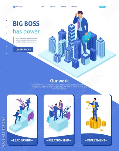 Valokuva Isometric Website Template Landing page Big businessman looks down at the city, the concept of power