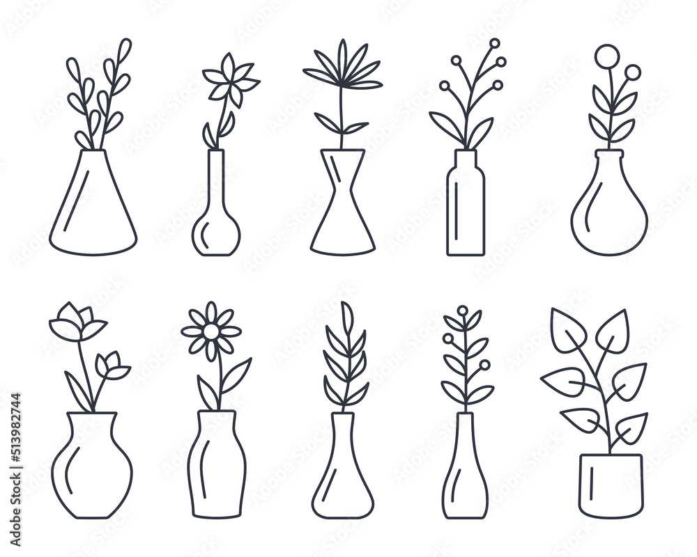Vase with flowers line icons. Vector set editable stroke. Glass ...