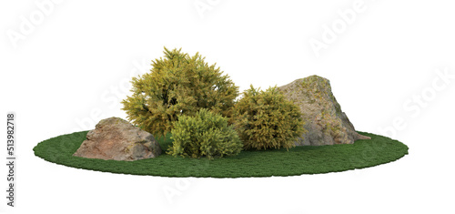 3d render bonsai and decorative stone with white background