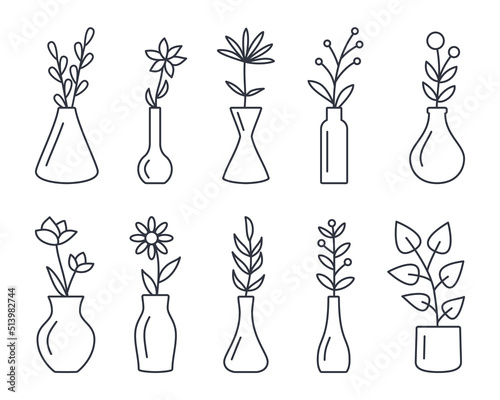Vase with flowers line icons. Vector set editable stroke. Glass flowerpots and vases interior design elements. Florist garden symbol. Stock illustration isolated on white background