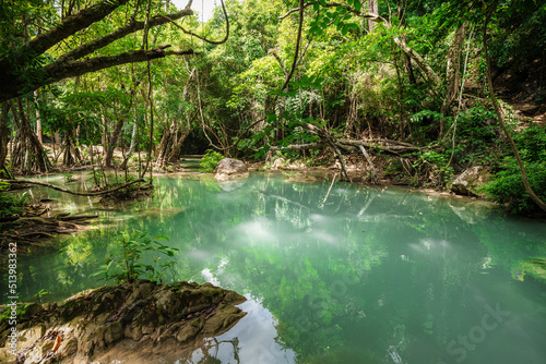 beautiful emerald waterfalls green forest mountains guiding for backpacker Thailand destinations backpacking camping relaxing hiking at Erawan waterfall national park, Sinakharin Dam, Kanchanaburi. photo